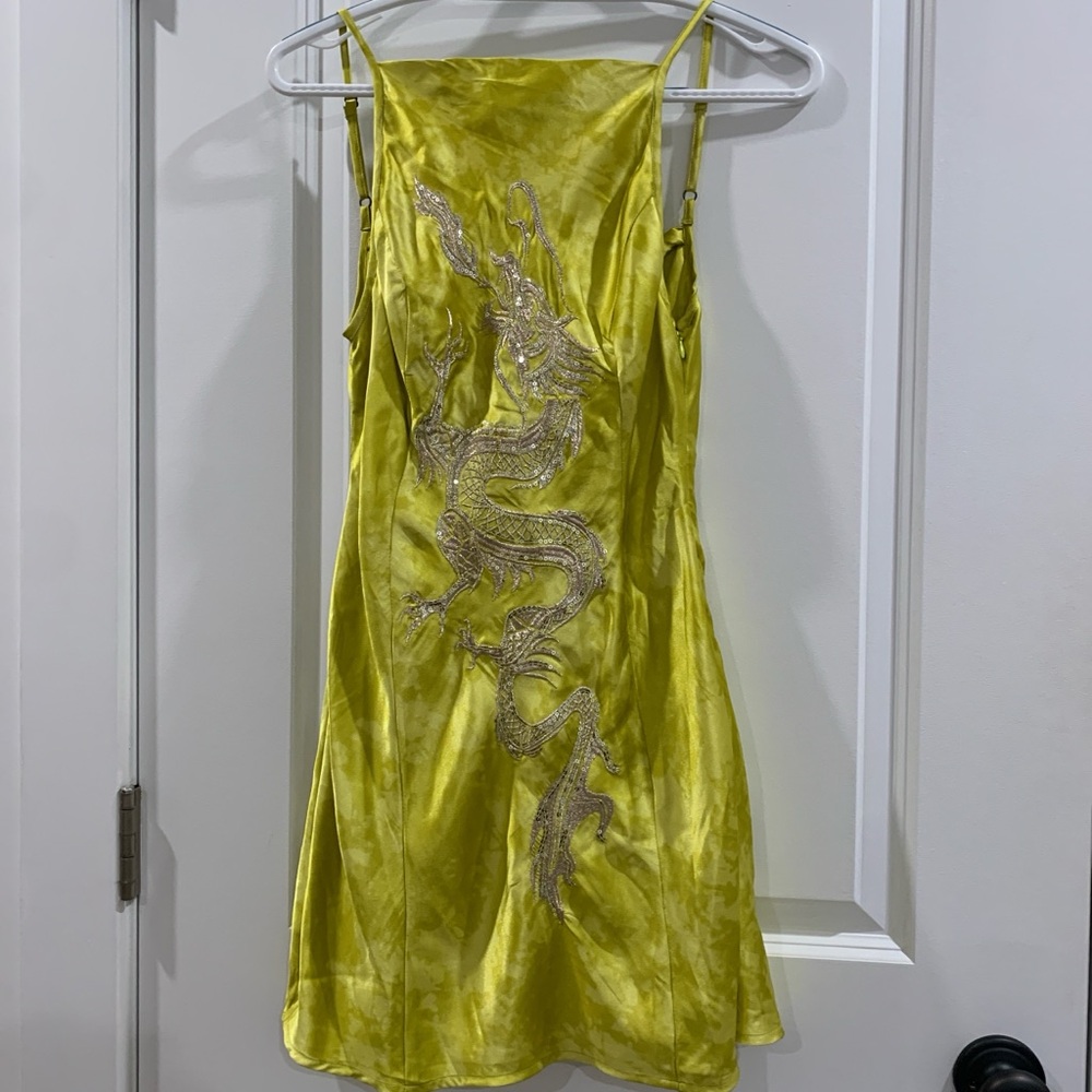 Urban Outfitters Yellow Satin Dragon Dress